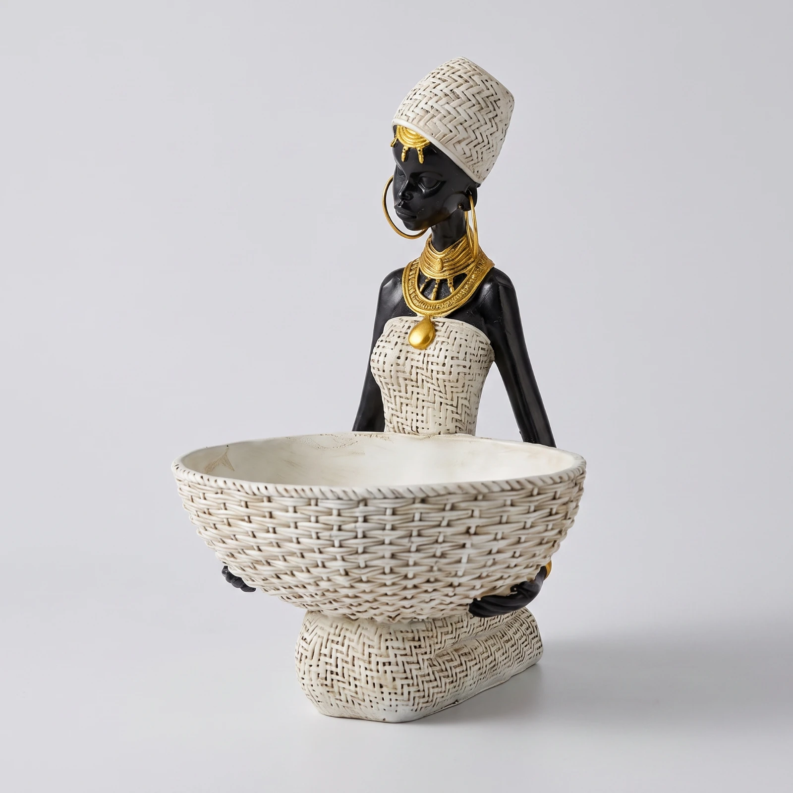 African Woman Figurine with Basket Artisanal African Woman Figurine Key Bowl Decorative Jewelry Holder Resin for Entryway