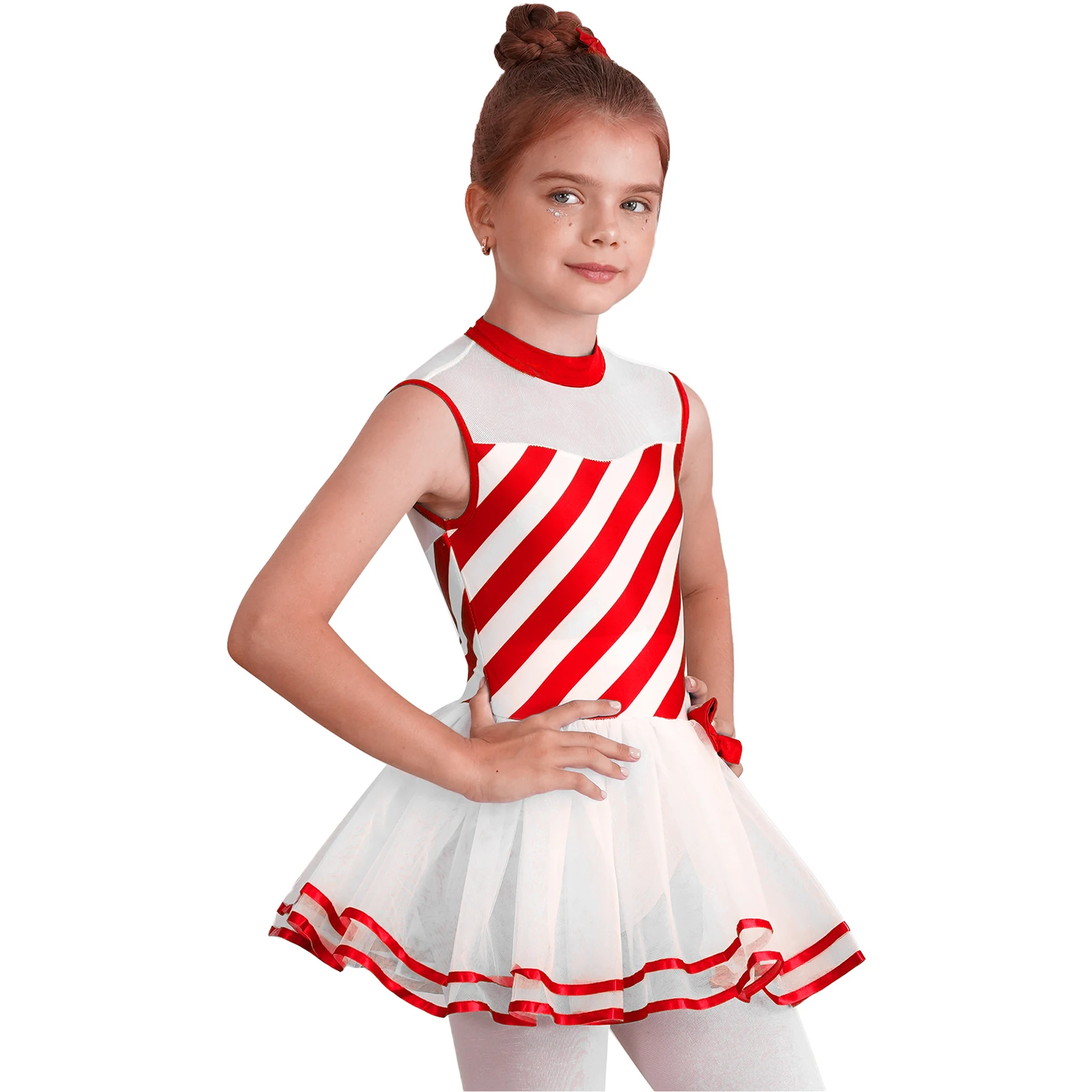 Kids Girls Christmas Ballet Tutu Dress Xmas Striped Candy Cane Costume Gymnastics Leotard Figure Skating Performance Dancewear