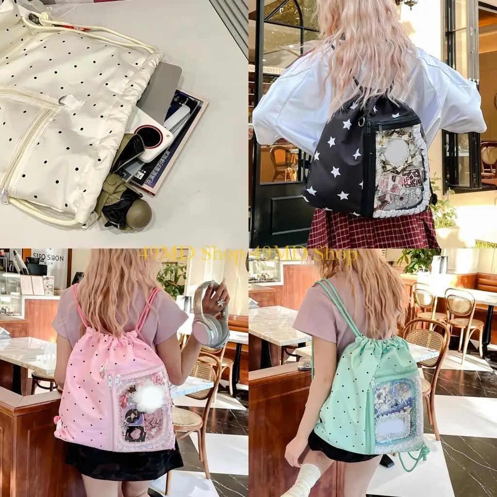 

49MD Convenient Organizational Anime Themed Nylon Drawstring Backpack Functional Daypack Easy Access for Commute Travel
