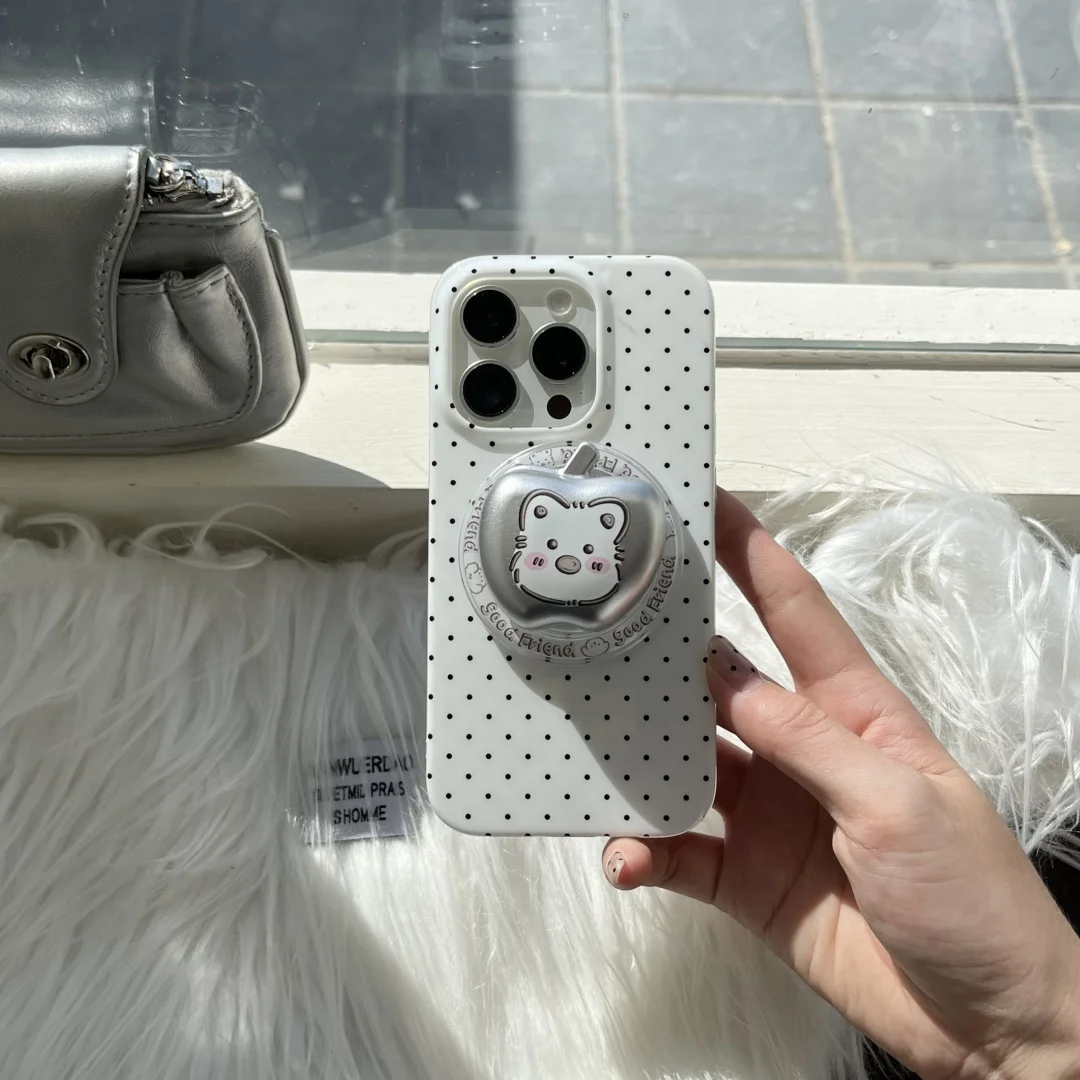 블랙 화이트 폴카 도트 무선 충전 전화 케이스 아이폰 17 16 15 14 13 프로 맥스용 스탠드 홀더 포함 마그세이프용