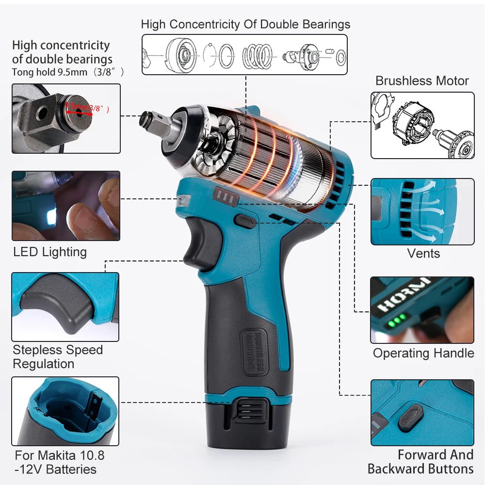 Brushless Cordless Electric Screwdriver 120N.m 3/8 Ratchet Wrench Angle Impact Drill Removal Nut Car Repair Tool For Makita 12V