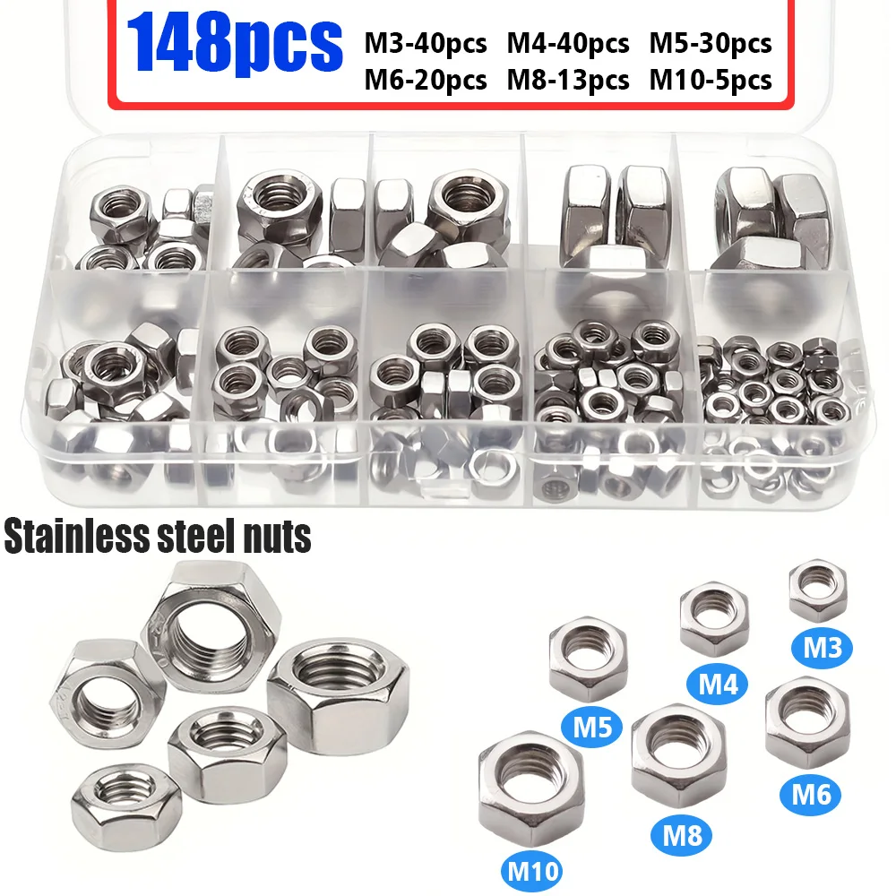 148-piece set of stainless steel hexagonal nuts M3 M4 M5 M6 M8 M10, industrial equipment accessories, home building maintenance.