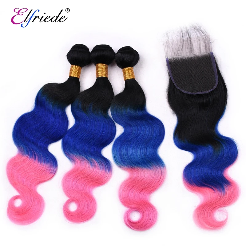 Elfriade-extensiones de cabello humano ondulado, mechones de pelo brasileño con cierre de encaje, color azul y rosa, 3 mechones, 4x4, # T1B