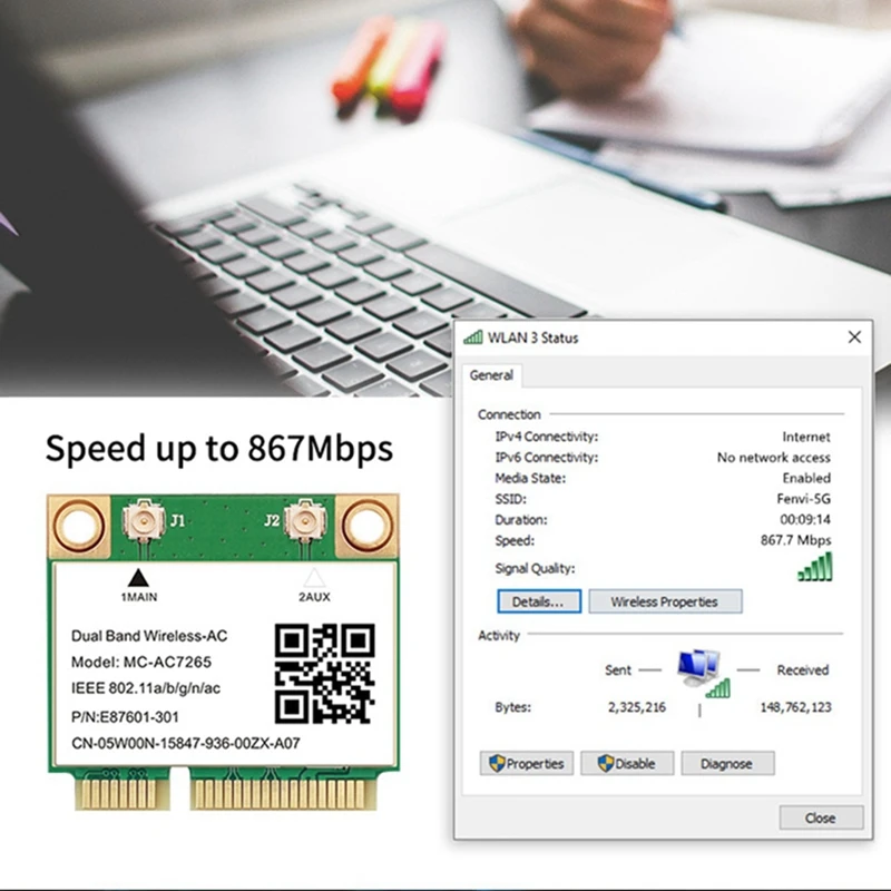 1200Mbps Wireless MC-AC7265 Dual Band Mini PCI-E Wifi Card Bluetooth 4.2 802.11Ac Dual Band 2.4G 5Ghz Adapter For Laptop