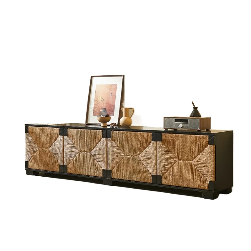 

Medieval wa bi sandy wind sol id woo d dining side cabi net hand-woven rattan TV cabinet entrance cab inet Nordic style