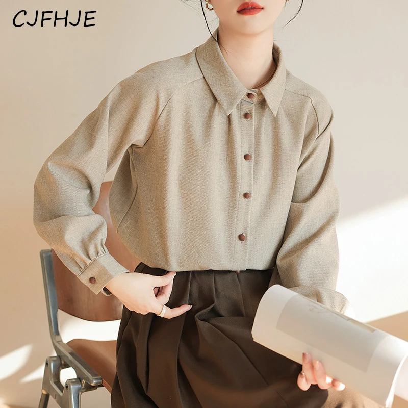 CJFHJE Women's Retro Polo Collar Long Sleeved Shirt French Fashion Commuter Underwear Single Breasted Women Polo Collar Shirt