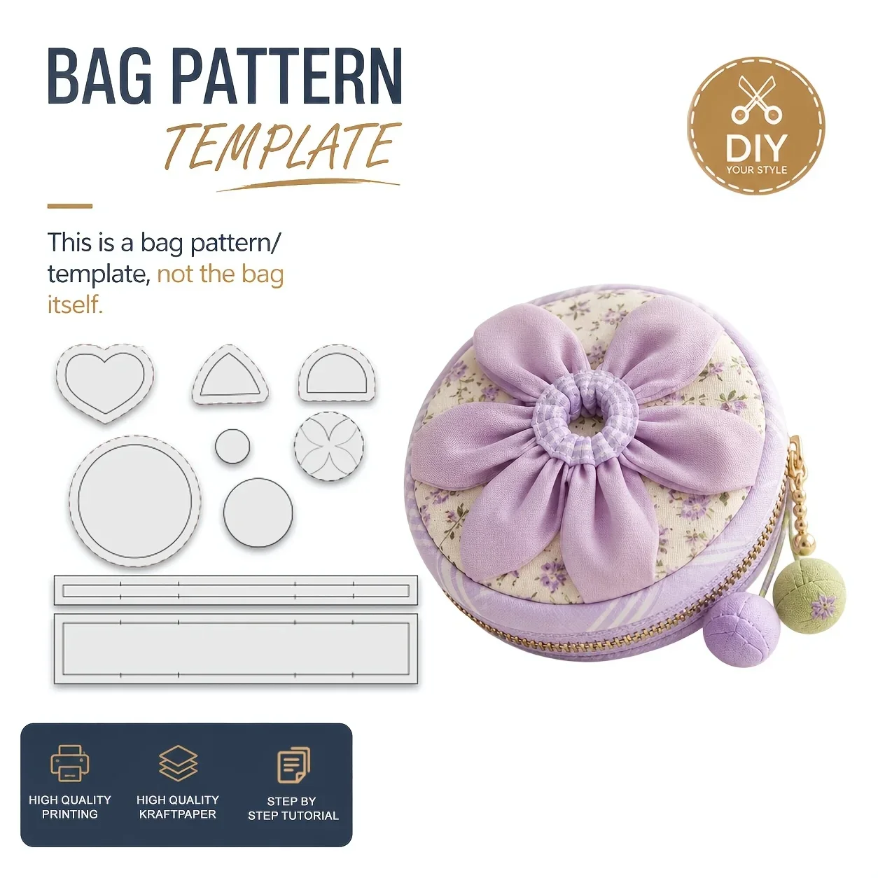 Round Flower Decor Zipper Pouch Sewing Patterns, Sewing Patterns for Beginner, Easy Sewing Project, Includes Color Step-by-Step