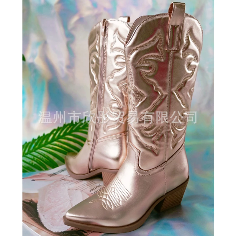 

New Women Cowgirl Boots Cowboy Zip Embroidered Pointed Toe Chunky Mid Calf Trendy Shoes Retro Fashion Comfy Ridding Boots Ladies