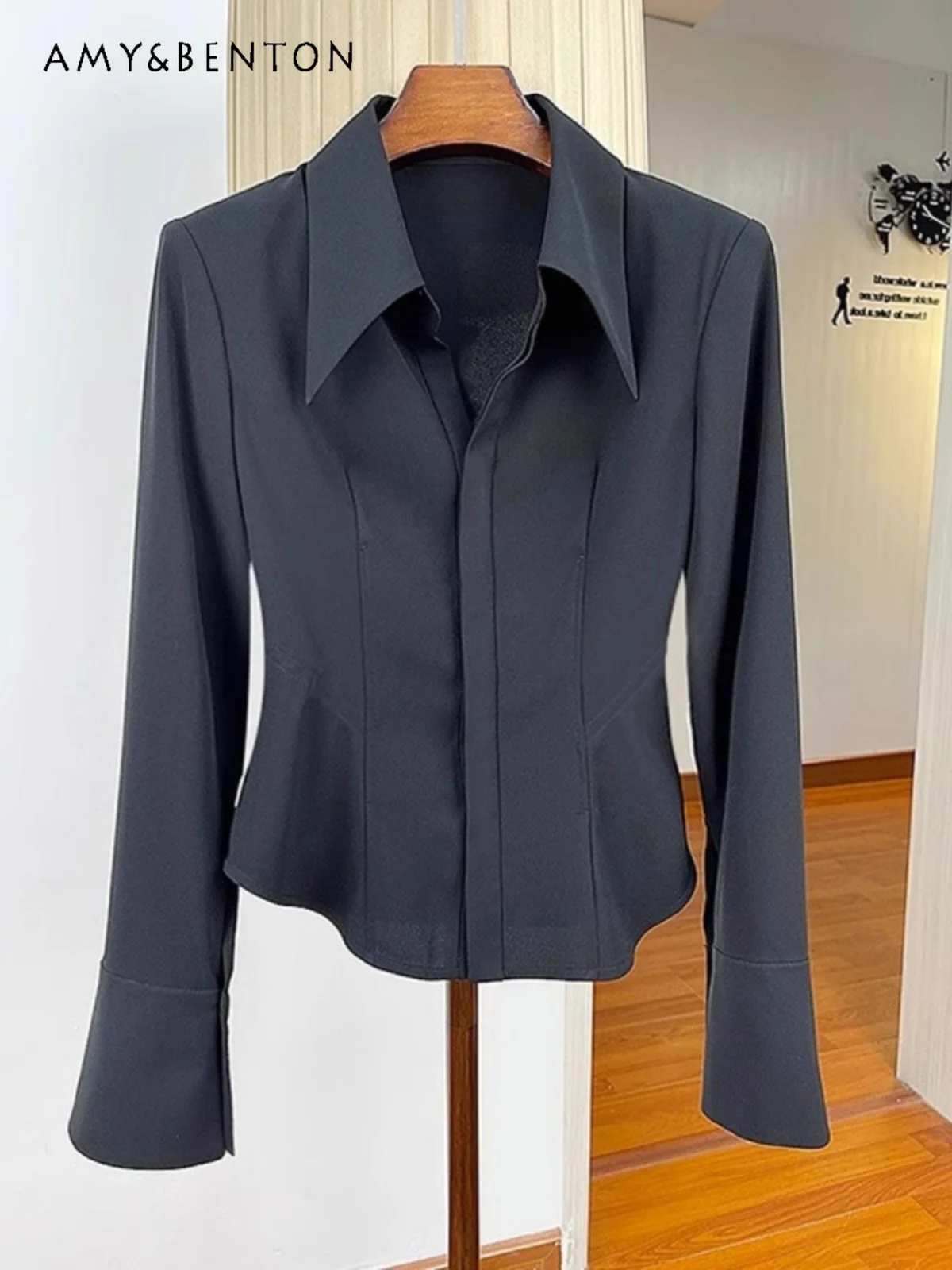 Commute Style Elegant Lapel Long Sleeve Blouse Women Spring and Autumn Elegant Slim Shirt Fashion Solid Color All-Match Shirts