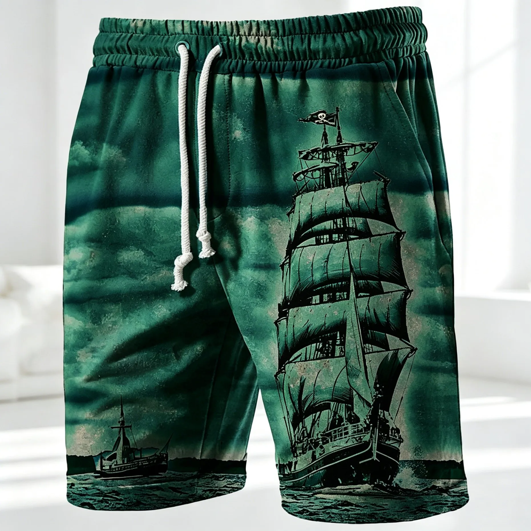 Men's Drawstring Waist Pirate Ship Print Casual Shorts, Vintage Ocean Style Bottoms for Summer Daily Outdoor Beach Vacation Wear