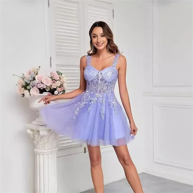 Tulle A Line Knee Length Applique Lace Boat Neck Evening Bridesmaid Dresses Wedding Party Prom Cocktail Homecoming Birthday