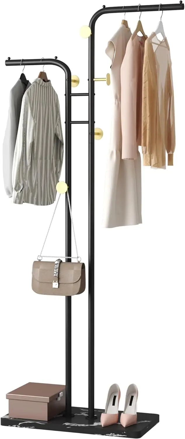 

Freestanding Double-Pole Coat Rack with 5 Hooks for Closet, Bedroom, Entryway, Living Room in Black Metal