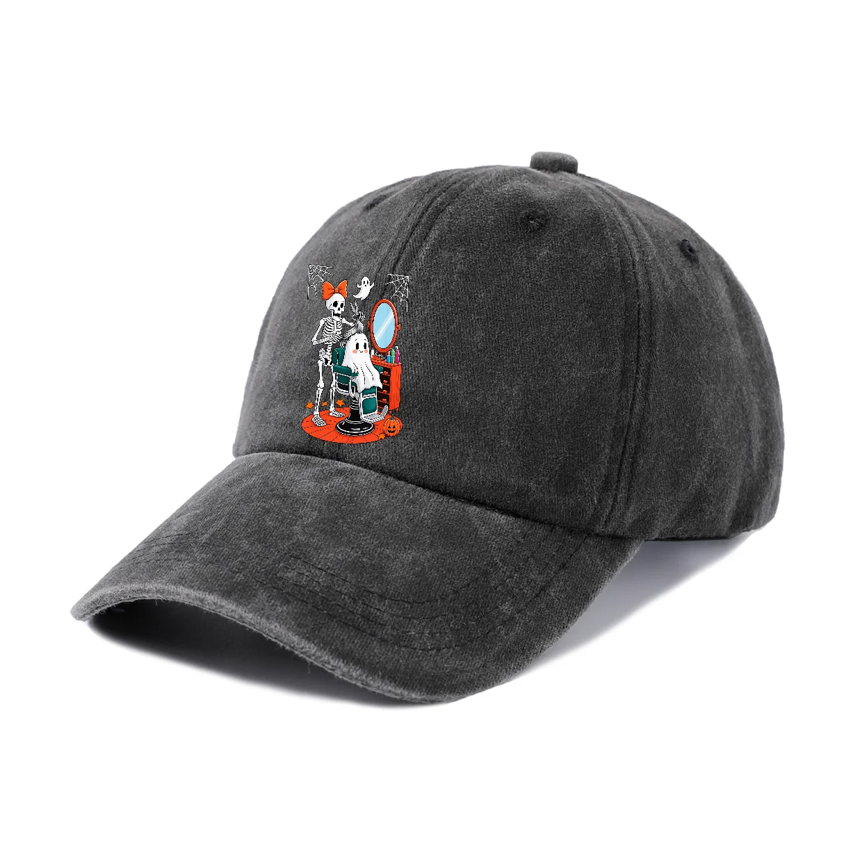Adjustable Unisex Skeleton Cat Mirror Graphic Baseball Cap, Vintage Washed Dad Hat, Funny Halloween Party Gift