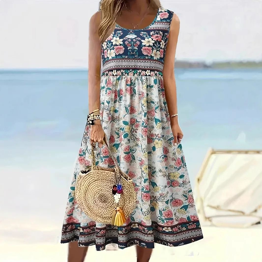 2025 المرأة الصيف الجديدة بوهو فستان زهري موضة فضفاضة س الرقبة أكمام حبال البلوز سترة طباعة سترة الشاطئ عادية نمط فستان