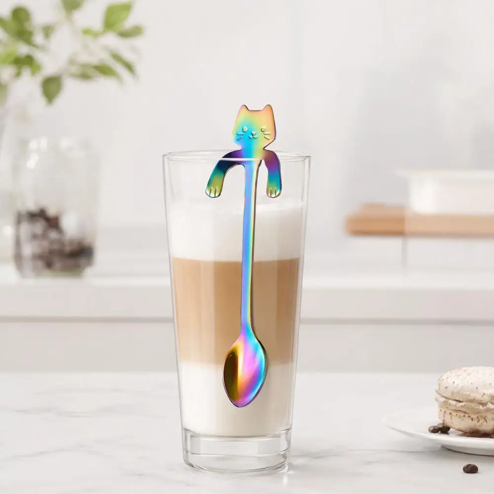 Long Handle Coffee Stirrer Smooth Cup Spoon 304 Stainless Steel Coffee Spoon Set Hanging Cat Design Stirring for Mugs for Tea