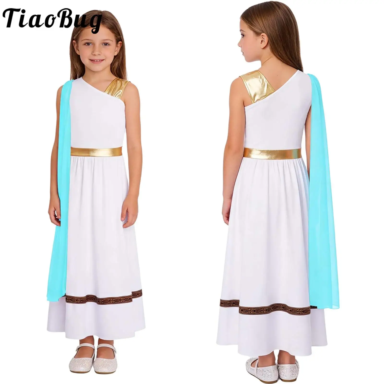 

Детский костюм для девочек: Древнегреческая богиня Афина, платье-тога без рукавов с накидкой-шалью, для Хэллоуина, вечеринки, косплея римской принцессы