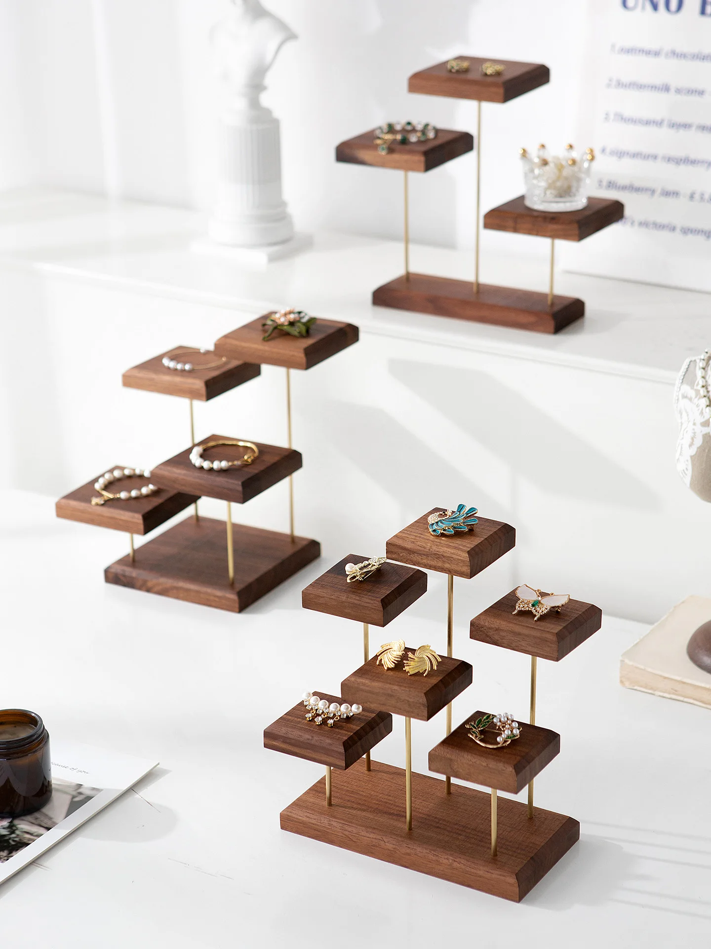 walnut-wood-jewelry-display-stand-bracelet-earring-ring-storage-rack-step-ladder-fashion-accessory-organizer-non-customizable