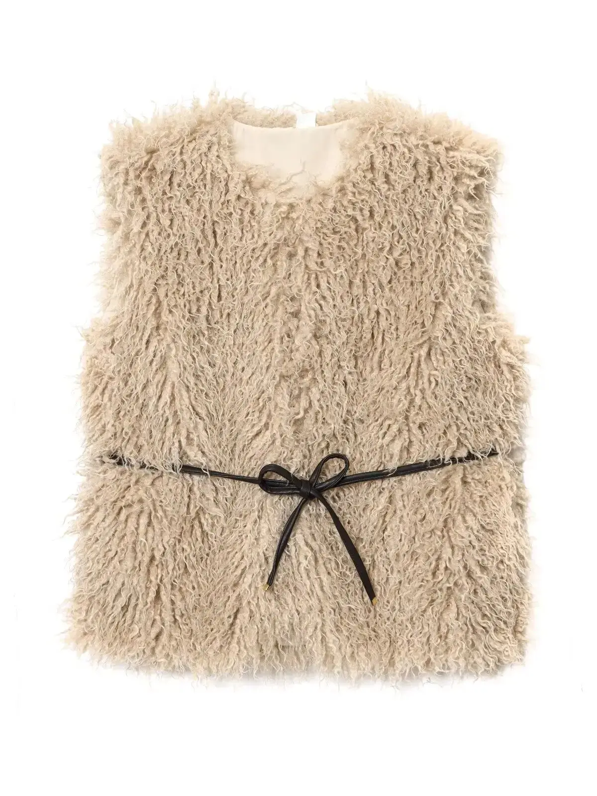 

2025 Autumn Winter Women's Elegant Sleeveless O-neck Faux Fur Vest Jackets Lady High Vintage Chic Warm Loose Lace-up Waistcoats