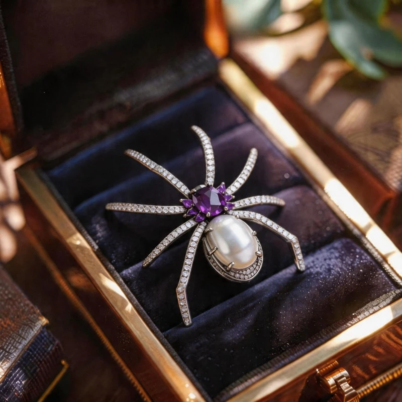 Dark Gothic Spider Brooch Pin Gunmetal Amethyst Crystal Jewelry for Women Coat Scarf Wedding Party