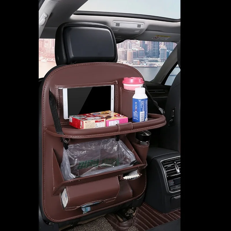 Backseat Car Organizer with Sturdy Foldable Work Desk, PU Leather Multi-Storage Pockets for Tablets and Toys, Easy Installation