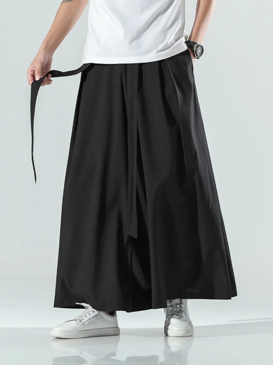 

Широкие брюки из ледяного шелка с драпировкой, мужские летние брюки большого размера, модные брендовые свободные прямые брюки с девятью точками, ветровая юбка, повседневные брюки