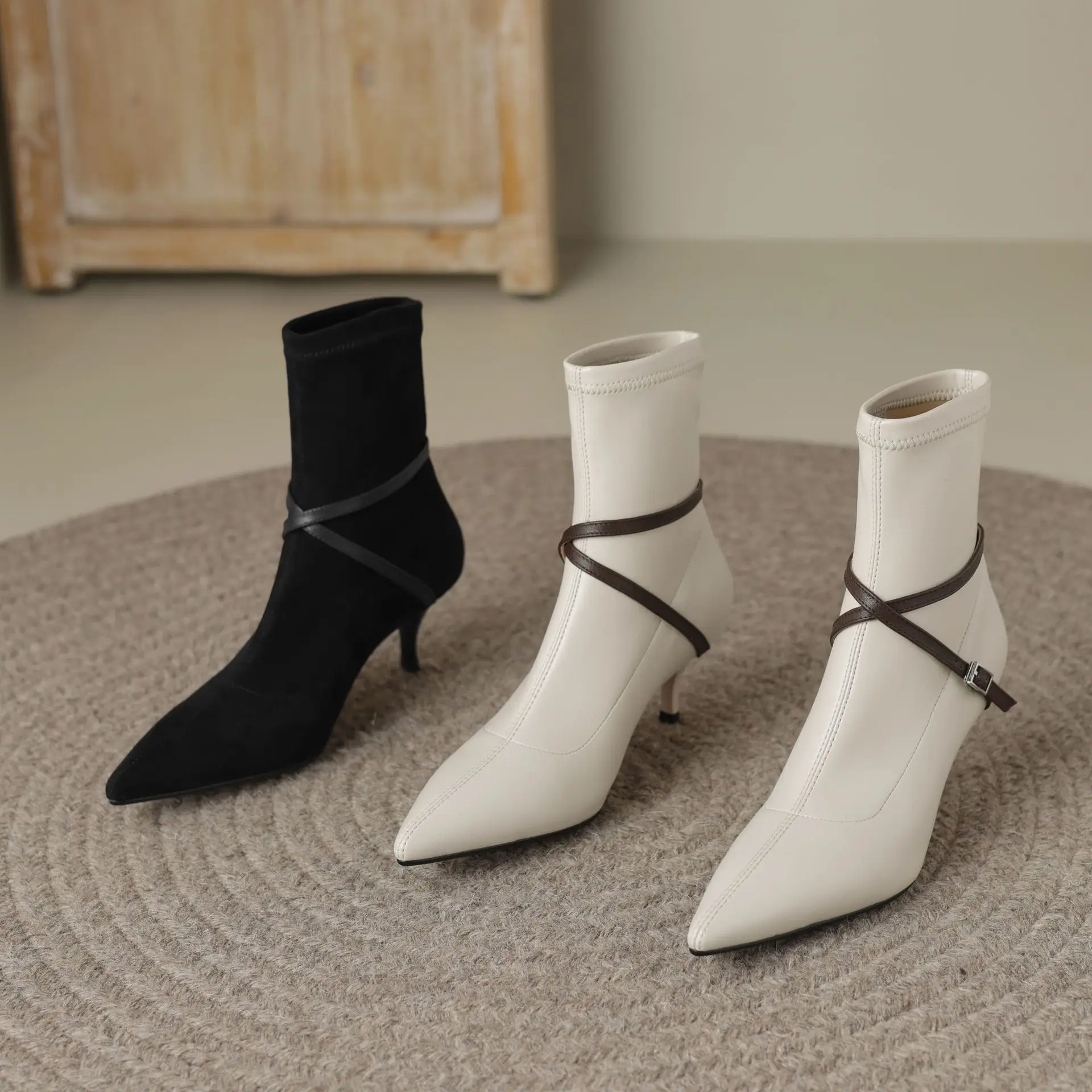 

Catwalk Sexy Pointed Toe Stiletto Ankle Boots Slip On Cross Belt Buckle Plus Size Ladies Stretch Ankle Botines Women Shoes