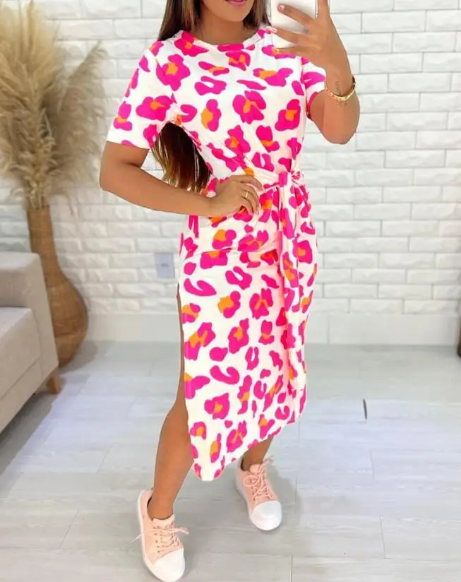 Women's Fashion Dresses 2023 New Summer Sexy Pink Leopard Print Tied Detail Slit Side Split Skirt Casual Waist Retraction Dress