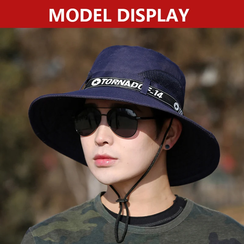 

Мужская ветрозащитная уличная шапка с широкими полями и плоским верхом, анти-УФ-защита от ультрафиолета, рыболовная шапка с ремешком, полый дизайн для кемпинга