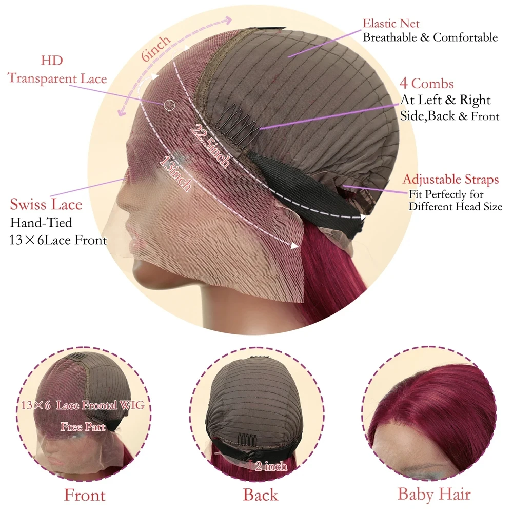 200 Плотность 99j Бордовый 36 дюймов 13x6 Прямые кружевные фронтальные парики из 100% человеческих волос HD Прозрачный кружевной цветной красный парик для женщин