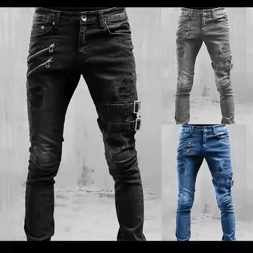 

Men's Slim Fit Denim Jeans Motorcycle Personality Elastic mid Waist Zipper Casual Tight Leggings for Teenagers Summer Season