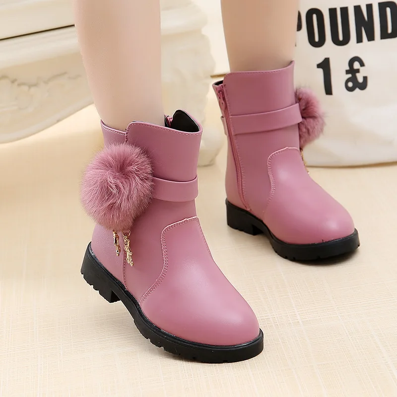 

Girls Winter Princess Watertight Antiskid Boots Girls Soft Soled Leather Short Boots Children Furry Metal Trim Side Zippers