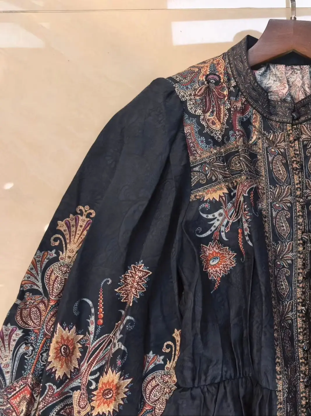 Women's Retro Print Long Dress Lantern Sleeve Round Neck Single Breasted Loose Vintage Robe