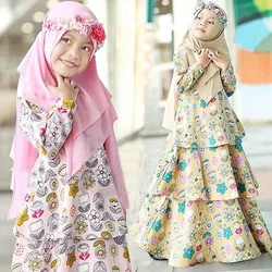 Muslim Girls Floral Print Khimar Abayas Kids Prayer Dress 2 Pics Sets Eid Ramadan Hijab Abaya Islam Clothing Dubai Turkey Kaftan