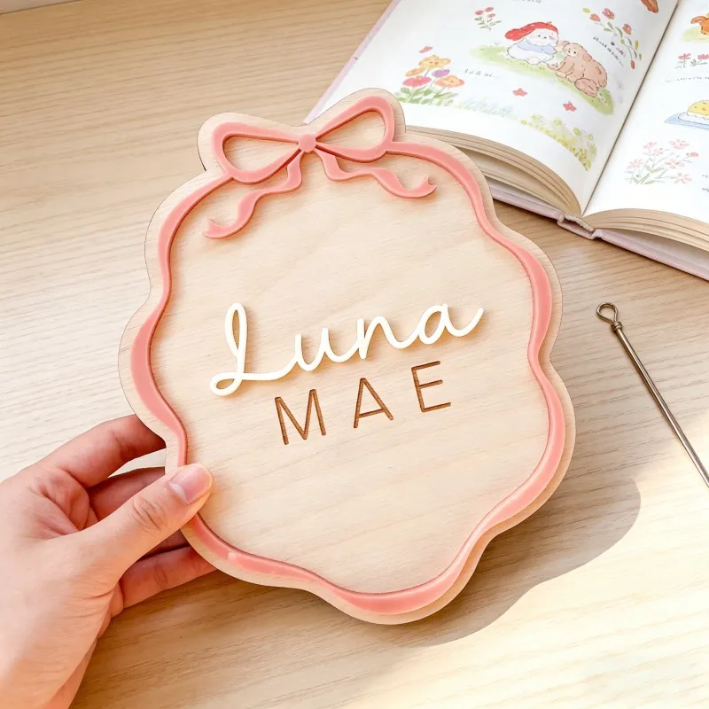 Custom Bow‑Accent Scalloped Baby Name Wooden Sign, Personalized Layered Newborn Plaque, Boho Nursery Decor Photo Prop Baby Gift