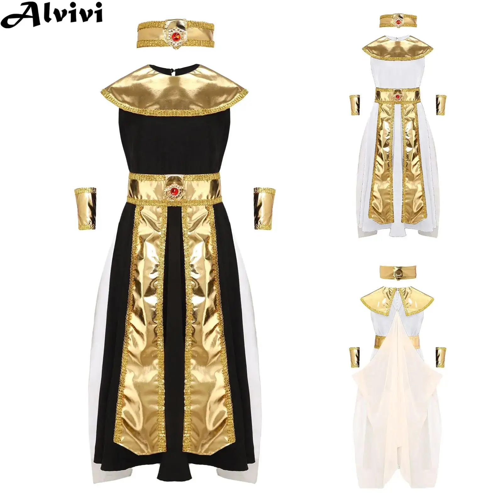 

Детский костюм Клеопатры для девочек, платье королевской египетской королевы с воротником, рукавами, повязка на голову, одежда для косплея на Хэллоуин