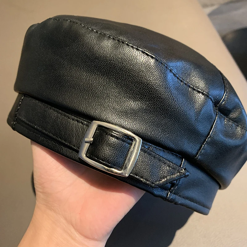 PU Leather Beret Female Spring and Autumn Style British Retro Iron Button Painter Cap Korean Style All-Matching Octagonal Hat