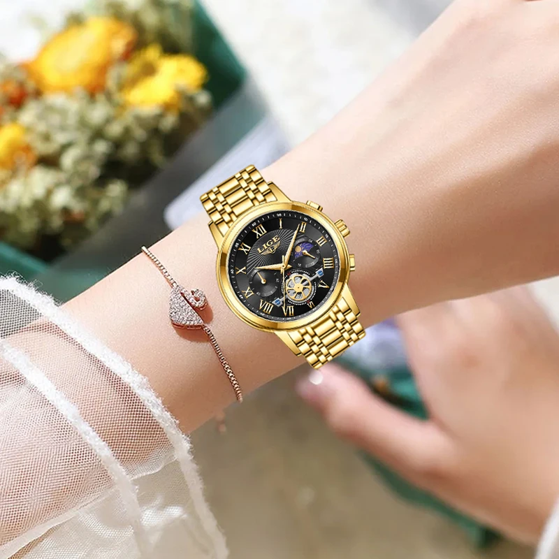 New LIGE Ladies Wristwatch Luxury Waterproof Luminous Gold Watch For Women Dress Stainless Steel Quartz Women\'s Watches+Box