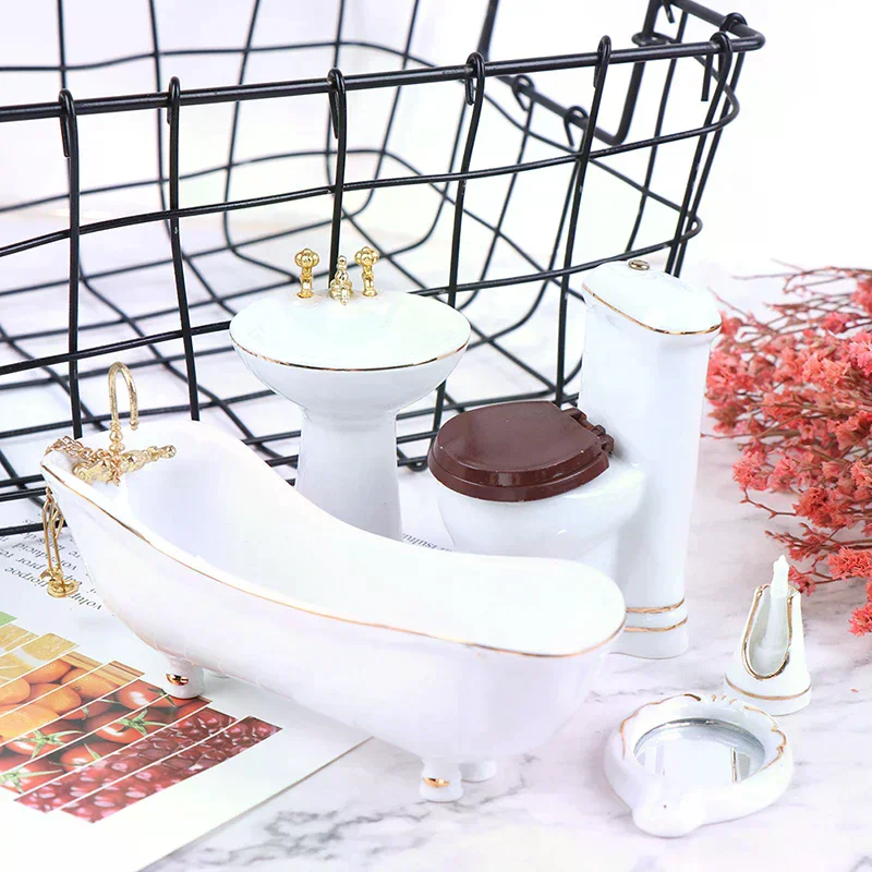 

Basin Bathtub Mirror 1:12 Dollhouse Miniature Porcelain Bathroom Set Toilet 5Pcs