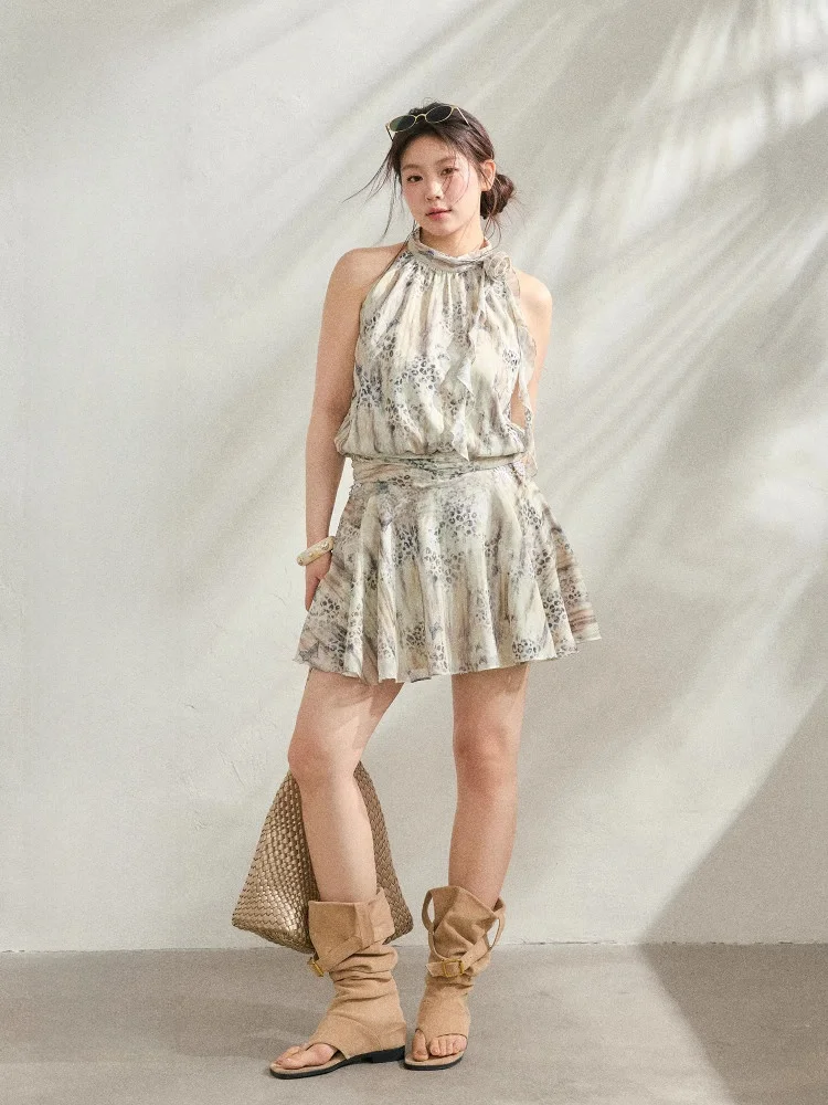 

Zhang Da plus Size Women's Summer Vacation Style Set Neck Hanging Short Dress Slimming Print Casual High Waist Korean Version