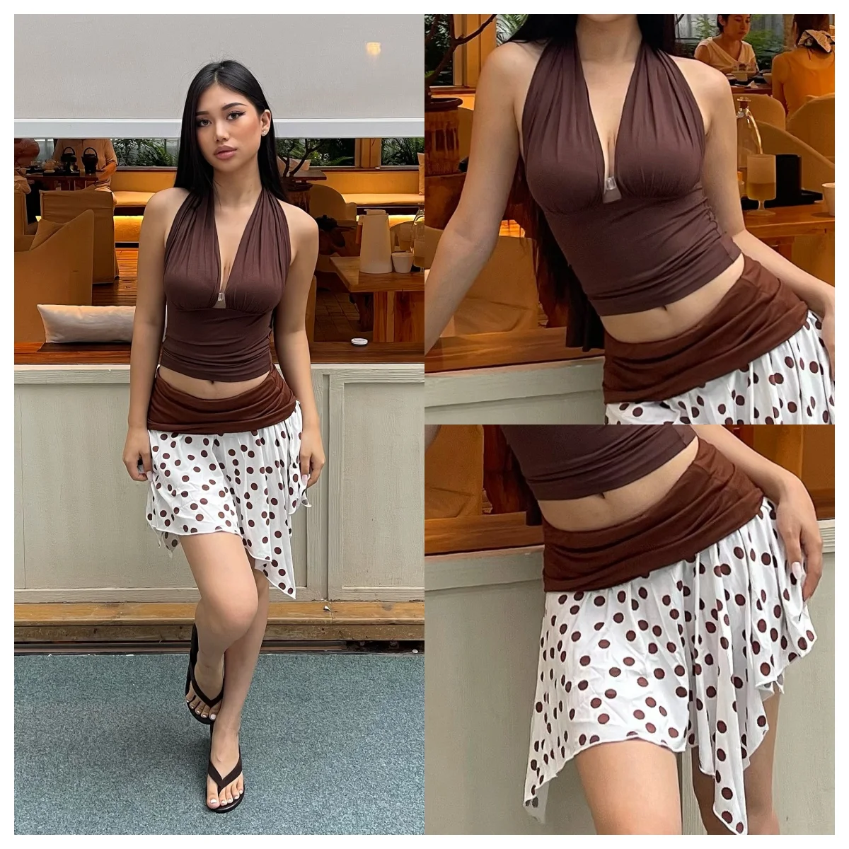 

Susm Polka Dot Print Short Skirt Knitted Elastic Skirt Asymmetrical Hem Waistband Fashionable Sexy Short Skirt Set Tube Top