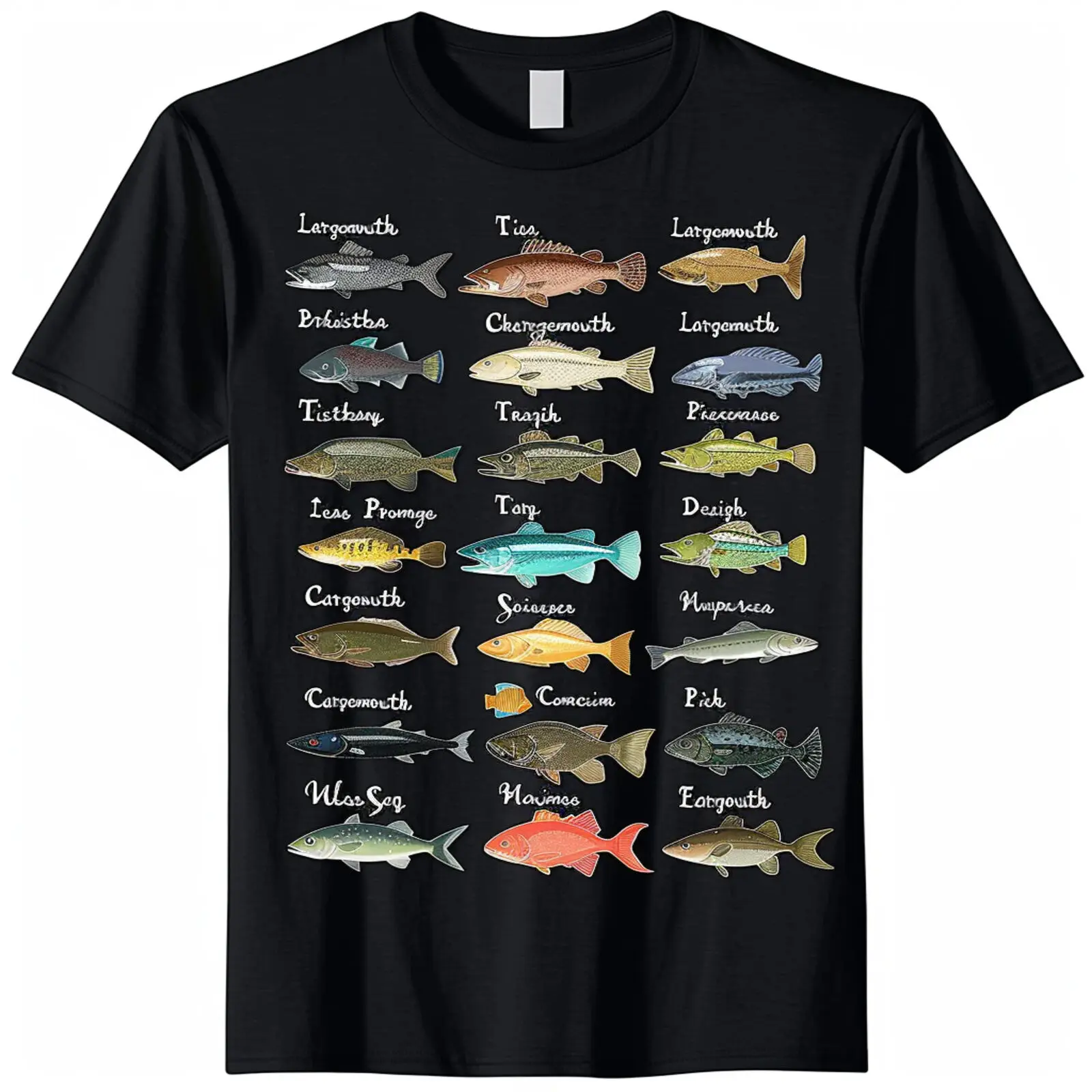 Men's Black Fish Species Watercolor TShirt Largemouth Pike Sturgeon Salmon