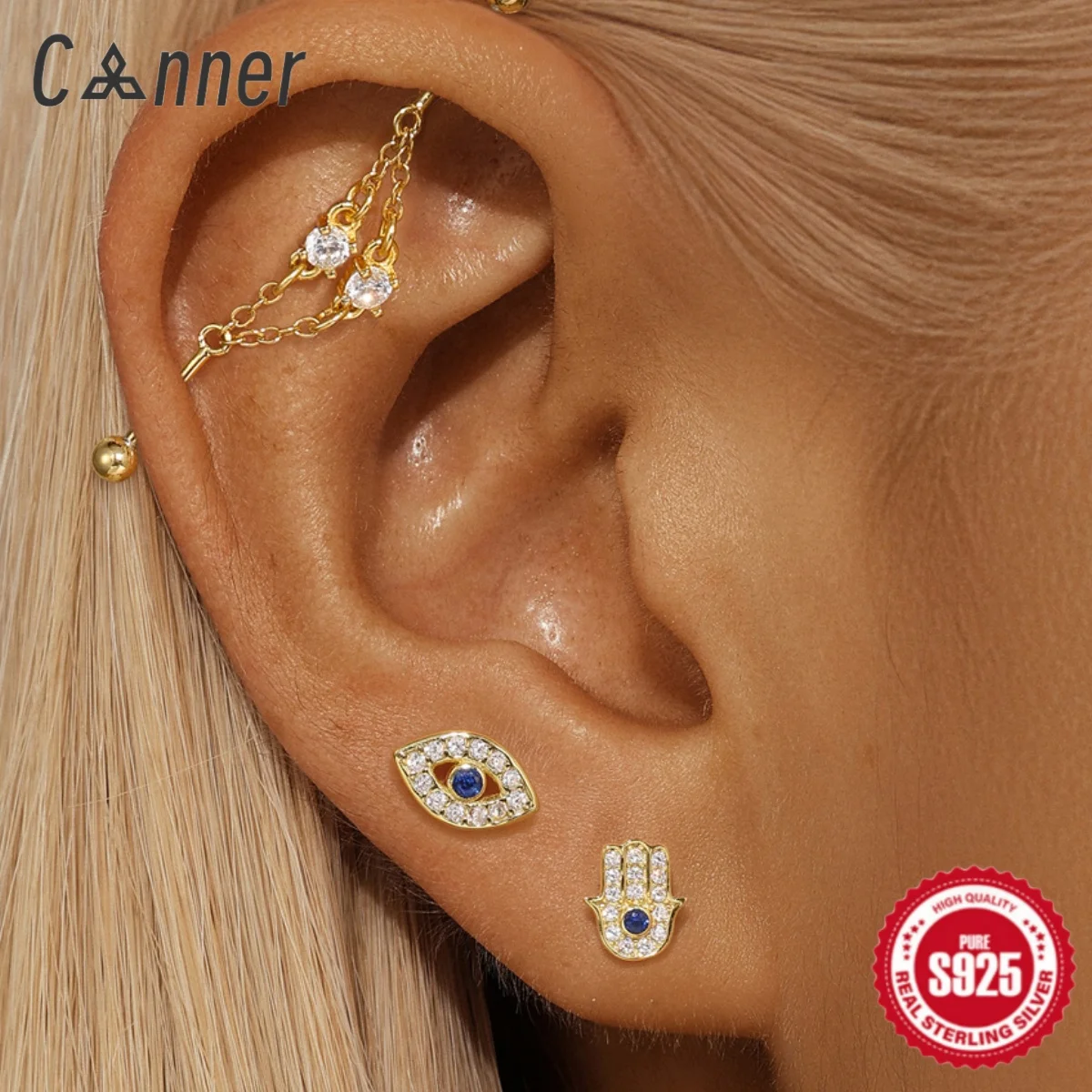 CANNER 925 Silver Moon Stars Stud Earrings For Women 18K Gold Plated Zircon Petal Water Drop Devil'S Eye Ins Fine Jewelry Gifts