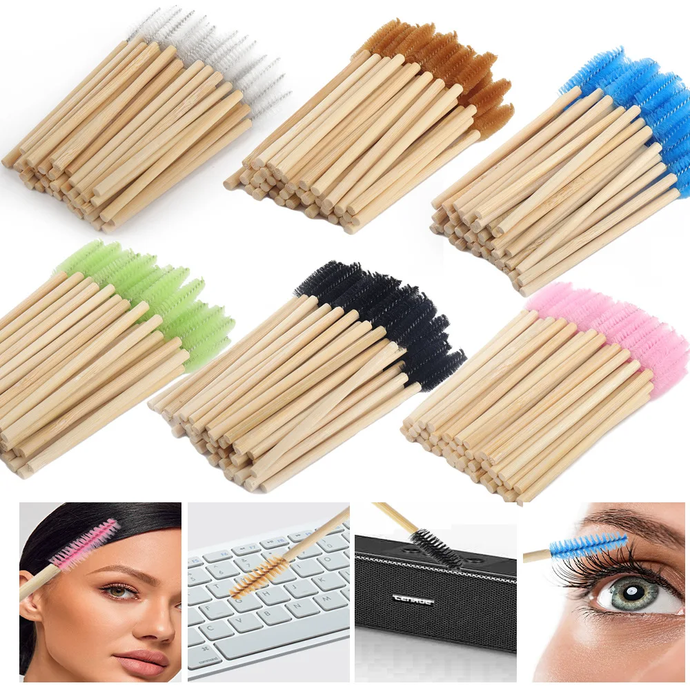 50 Stück Wimpernbürsten mit Bambusgriff, Mascara-Applikatoren, Wimpernverlängerungsbürsten, Augenbrauenbürsten, Spoolie-Bürsten, Make-up-Tools