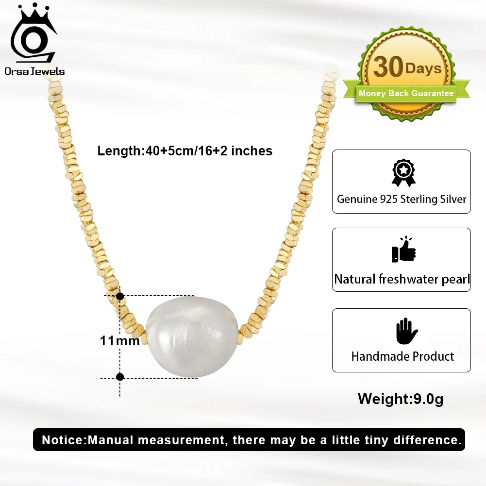 ORSA JEWELS Authentic 14K Gold Nugget Chain Necklace with 11mm Natural Freshwater Pearl Pendant for Women Handmade Jewelry GPN36