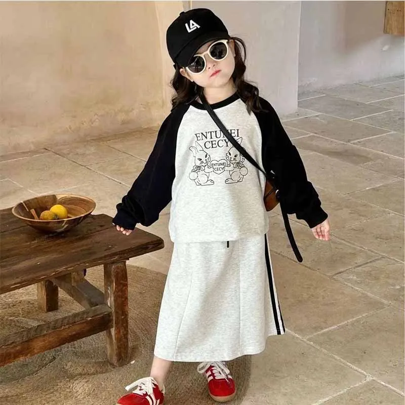 New Girls Cartoon Letter Set Kids Long Sleeve Sweatshirt Solid Color Half Skirt Suit Spring Autumn Baby Casual Fashion 2Pcs 2-8Y