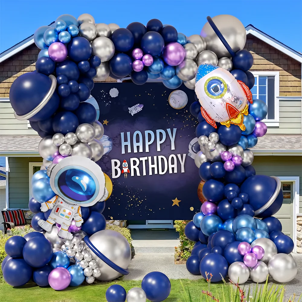 طقم إكليل بالونات الفضاء لرائد الفضاء مكون من 122 قطعة مع بالون من رقائق معدنية لرائد الفضاء لديكور حفلات أعياد الميلاد للأطفال