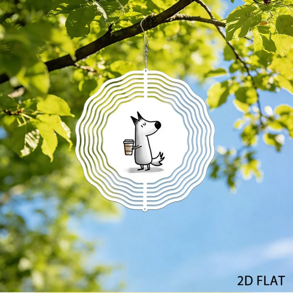 

Garden Dog Wind Chime, Cartoon Animal Holding Coffee, Black White Metal Yard Art, Outdoor Hanging Decor for Patio