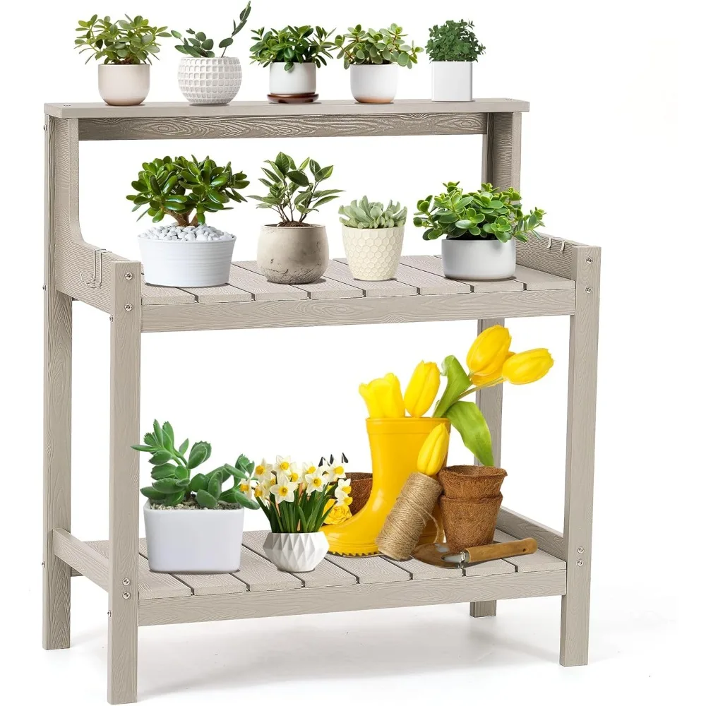 

Potting Bench Outdoor Potting Table with 4 Side Hooks All-Weather Potters Benches HDPS Gardening Table Work Station Outdoor Pott