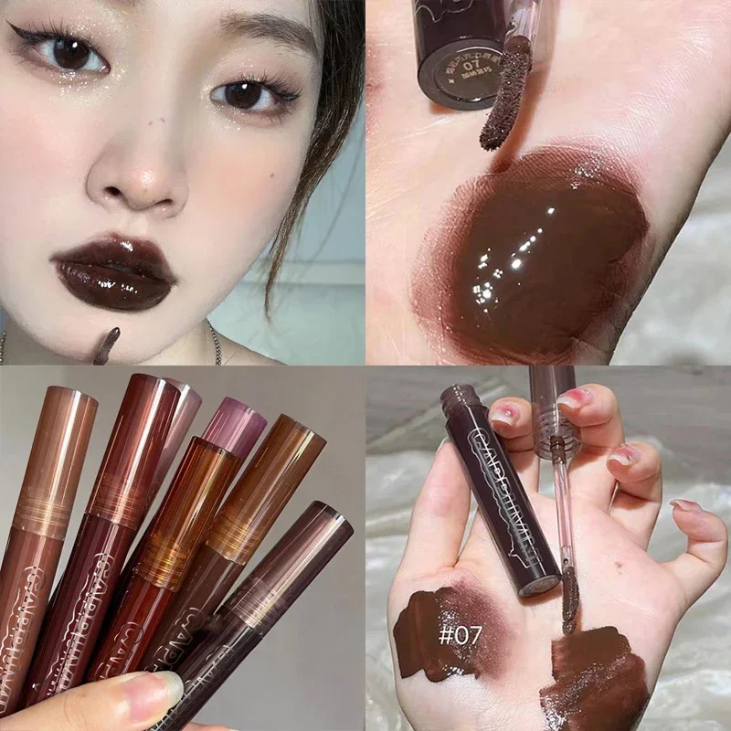 Heallor-pintalabios líquido resistente al agua, brillo de labios de color marrón oscuro, espejo de agua, esmalte de labios de Chocolate negro, lápiz labial líquido resistente al agua, tinte transparente desnudo Mak