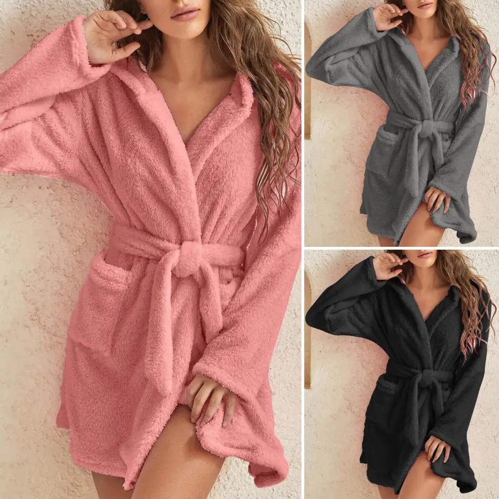 Women Solid Hooded Robe Coral Velvet Bathrobe Cute Warm Robe Flannel Kimono Bath Robe Dressing Gowns Sleepwear